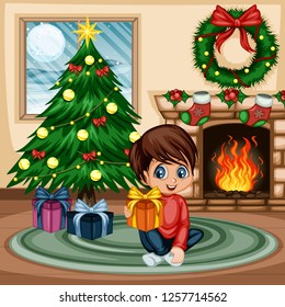 Christmas Scene at Home. Cute Little Boy Sitting on the Rug with Christmas Gift Box. Room Decorated with Christmas Tree, Fireplace, Christmas Socks, Ornaments, Wreath, Holly Berry