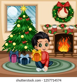Christmas Scene at Home. Cute Little Boy Sitting on the Rug with Christmas Gift Box. Room Decorated with Christmas Tree, Fireplace, Christmas Socks, Ornaments, Wreath, Holly Berry