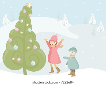 christmas scene with kids and big tree