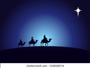 Christmas scene kings wise men in silhouette and star on navy blue background. Christian Nativity greeting card birth of Christ, vector banner or greeting card