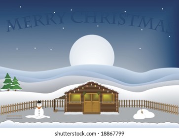 Christmas scene with log cabin snowman snow and christmas lights