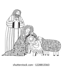 Christmas scene. Mary, Joseph and the baby Jesus, Son of God , symbol of Christianity hand drawn vector illustration. 
