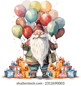 Escena de Navidad, ilustración de Navidad y Año Nuevo para Santa Claus y colorido de globos y cajas de regalo pintura acuarela.