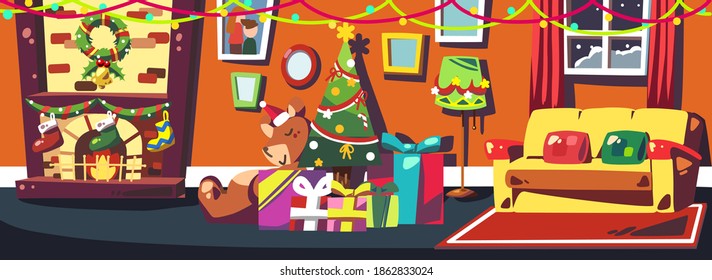 Christmas scene at night in warm living room with decorated Christmas tree, boxes, teddy bear, fireplace cartoon flat vector illustration. Merry Christmas and Happy New Year.