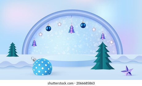 Escena navideña en fondo azul con podio, árbol de Navidad y bolas de Navidad. Muestra para la presentación del producto. Ilustración del vector