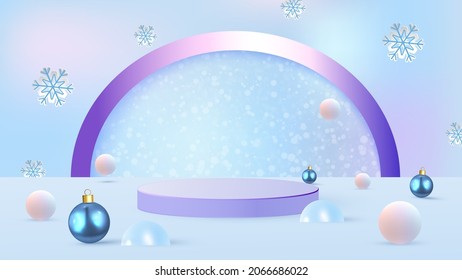 Christmas scene on blue background with podium,drifts, Christmas tree and Christmas balls. Showcase for product presentation. Vector illustration