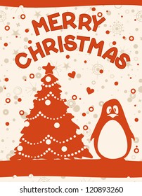 Christmas scene with penguin - vector illustration.