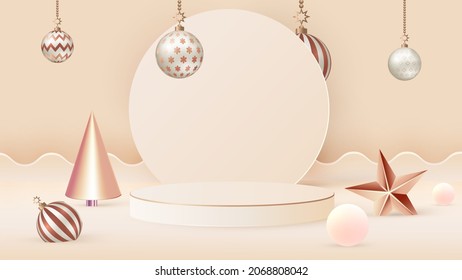 Christmas scene for product presentation in beige tones. Round frame, cylindrical podium and Christmas tree decorations. Vector illustration