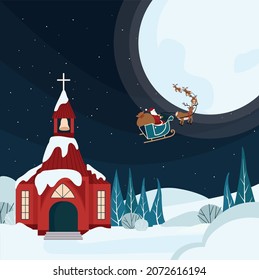 Christmas scene, red church on wintery night with big moon and santa with sledge on the sky. Winter christmas Eve