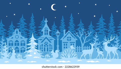 Christmas scene with reindeer family, winter forest and village. Christmas plot. Countryside vector concept. Christmas village silhouette with Christmas tree and animals.