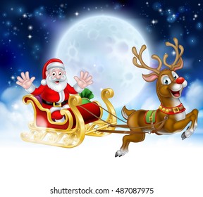 Christmas scene of Santa Claus cartoon character in his sled sleigh with his red nosed reindeer delivering gifts in flying in front of a full moon