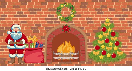 Christmas scene with Santa Claus, decorated Christmas tree, fireplace with fire, and wreath on a brick wall background. Holiday illustration for festive design and greeting card.