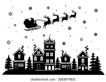 Christmas scene. Santa Claus flies over houses in a sleigh. Santa's cart with reindeer.Christmas Village vector clipart svg