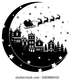 Christmas scene. Santa Claus flies over houses in a sleigh. Santa's cart with reindeer. Cutting paper file svg