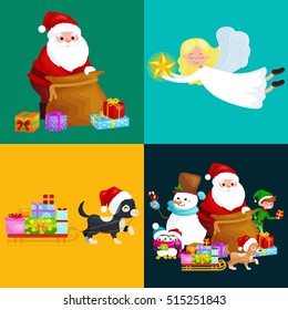christmas scene Santa Claus helpers sack full of presents,angel wings magic wand star, snowman helper, dog gifts in sleigh, North Pole animals penguins and elf 