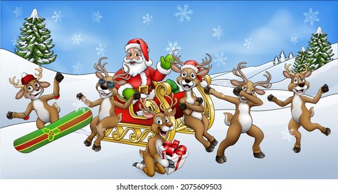 Christmas Scene of Santa Claus in his sled or sleigh surrounded by his reindeer having fun