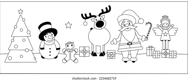 christmas scene with santa claus, rudolph the reindeer, an angel, gingerbread man, snowman, christmas tree and presents