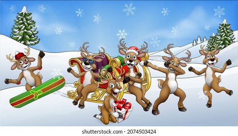 Christmas Scene of Santa Claus sled or sleigh surrounded by reindeer having fun