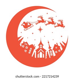 Escena de Navidad: Santa Claus con un equipo de renos vuela por la ciudad. emblema o símbolo de signo de la ronda navideña. Ilustración vectorial de vacaciones.