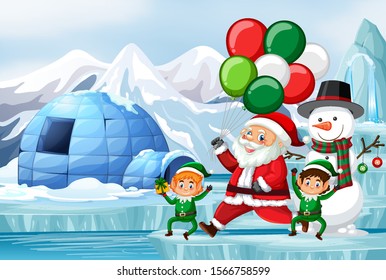 Christmas scene with Santa and elves illustration