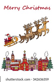 A Christmas scene with Santa on his sleigh, flying over a snow covered village.