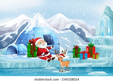 Christmas scene with Santa and presents illustration