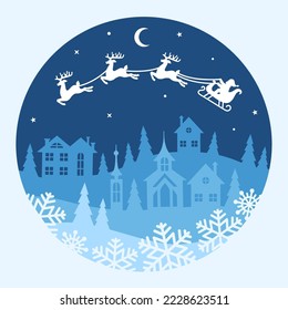 Christmas scene with santa's sleigh, reindeer team, winter forest and village. Holiday design, poster or print. Vector concept with Christmas town.