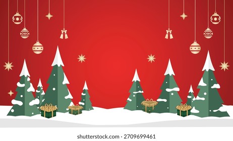 Escena de Navidades con el árbol de pino cubierto de nieve y la caja de regalo