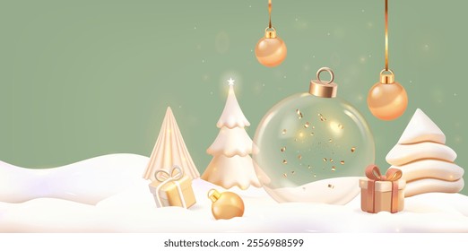 A Christmas scene with a snow globe, trees, gifts, and decor. 3d render, vector