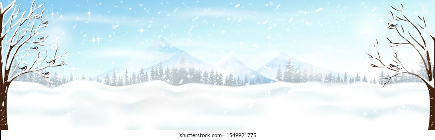 Christmas scene with snowdrifts,blizzard,firs and pine tree forest, Winter landscape of birds family on branches tree with windy, Winter Holidays with storm and heavy snowfall background