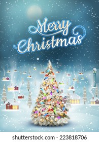 Christmas scene, snowfall covered little village with tree. EPS 10 vector file included