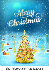 Christmas scene, snowfall covered little village with tree. EPS 10 vector file included