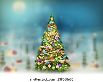 Christmas scene, snowfall covered little village with tree. EPS 10 vector file included