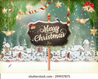 Christmas scene, snowfall covered little village with trees. EPS 10 vector file