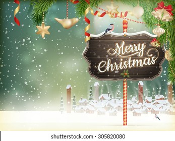 Christmas scene, snowfall covered little village with trees. EPS 10 vector file included