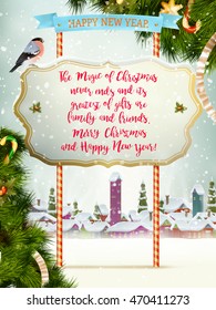Christmas scene, snowfall covered little village with trees. EPS 10 vector file included