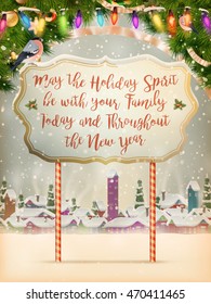 Christmas scene, snowfall covered little village with trees. EPS 10 vector file included