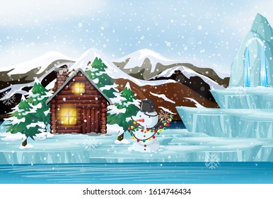 Christmas scene with snowman and cottage illustration