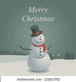 Christmas scene with snowman and christmas tree