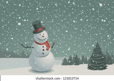 Christmas scene with snowman and christmas tree