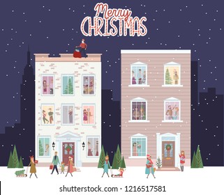 Christmas scene, snowy city at holiday eve. People celebrating Christmas and New Year in their home. Winter street and walking people. Editable vector illustration