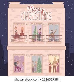 Christmas scene, snowy city at holiday eve. People celebrating Christmas and New Year in their home. Winter street and walking people. Editable vector illustration