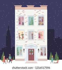 Christmas scene, snowy city at holiday eve. People celebrating Christmas and New Year in their home. Winter street and walking people. Editable vector illustration