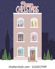 Christmas scene, snowy city at holiday eve. People celebrating Christmas and New Year in their home. Winter street and walking people. Editable vector illustration