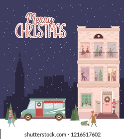 Christmas scene, snowy city at holiday eve. People celebrating Christmas and New Year in their home. Winter street and walking people. Editable vector illustration