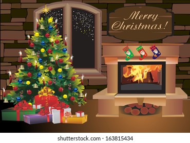 Christmas scene with tree gifts and fire