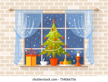 Christmas scene with a Christmas tree on the windowsill. Vector greeting card. Still-life from New Year's objects near the window.