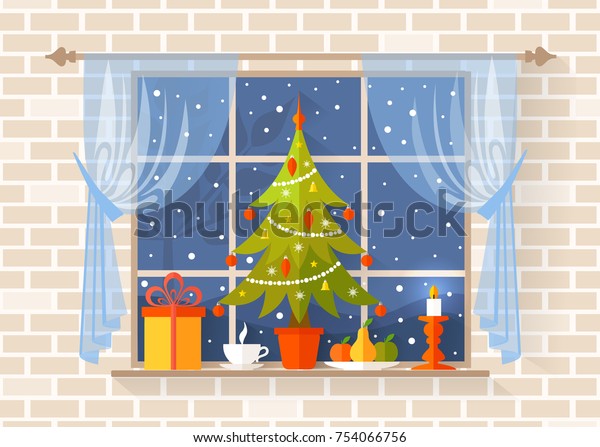 Christmas Scene Christmas Tree On Windowsill Stock Vector (Royalty Free