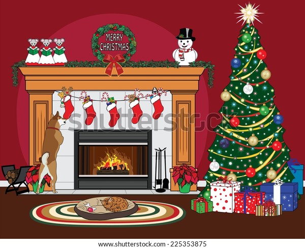 Christmas Scene Christmas Tree Stockings Fireplace Stock Image