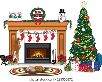 A Christmas scene with a Christmas tree, stockings with presents, a fireplace, a dog checking out its stocking, and a cat sleeping in the dog's bed on a mat in front of a roaring fire. 